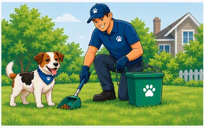 Sound Pet Waste Management technician scooping a Bonney Lake yard
